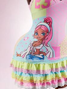 Amplova Vestido con tirantes finos de encaje y estampado Y2K con volantes en el bajo, en colores sexy rosa y morado - Multicolor - Ver 5