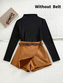 少女纯色休闲长袖T恤和短裤套装 - 棕色 - 查看 1