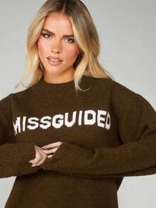 MISSGUIDED 宽松针织套头衫，饰有品牌标志文字印花，长袖圆领，秋冬休闲毛衣 - 咖啡棕 - 查看 4