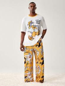 TOM & JERRY X SHEIN Men's Comfortable Cartoon Print Short Sleeve T-Shirt And Pants Loungewear Set, Summer - White - View 1