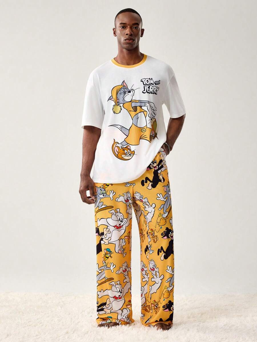 TOM & JERRY X SHEIN Men's Comfortable Cartoon Print Short Sleeve T-Shirt And Pants Loungewear Set, Summer - White - View 1