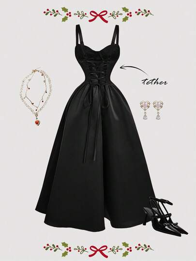 SHEIN MOD Women's Elegant Party Dress, Minimalist Solid Color Tie Waist Flared Hem Spaghetti Strap Dress