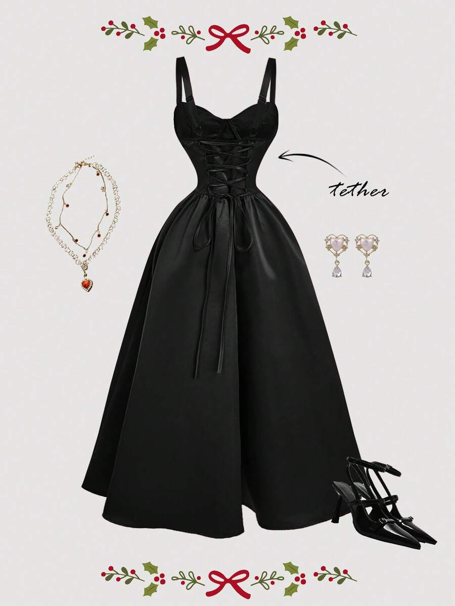 SHEIN MOD Đầm dự tiệc thanh lịch dành cho nữ, kiểu dáng tối giản, màu trơn, thắt eo, dáng xòe, dây mảnh. - màu đen - Xem 1