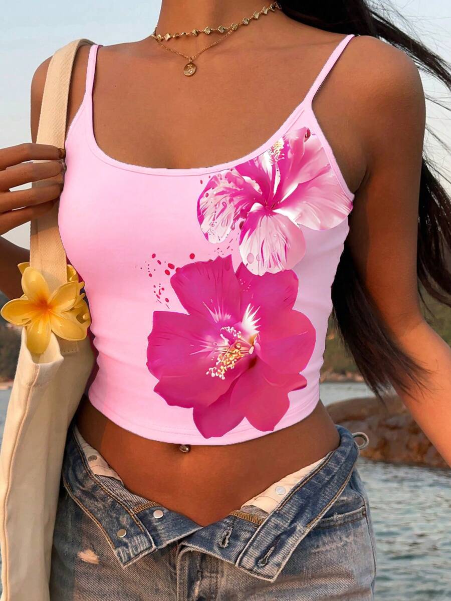 SHEIN EZwear Áo tank top crop dáng ôm in hoa dành cho nữ, thích hợp mặc mùa hè. - Hồng - Xem 1