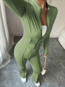 INAWLY Women's Tight-Fitting Zip-Up Cropped Top Jacket & Flared Pants 2 Pieces Set - Green - View 8