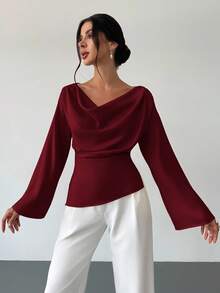 Firerie Áo sơ mi công sở màu mơ, cổ thuyền, tay loe, eo xếp ly, tối giản, thanh lịch, chất liệu satin, cổ áo bất đối xứng, tay chuông, thích hợp mặc đi làm hàng ngày. - Màu Đỏ Sâu - Xem 5