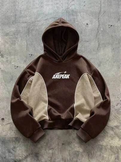 AXEPEAK Men's Letter Print Contrast Color Casual Hoodie Sweatshirt