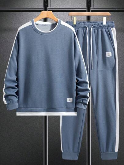 EGENSIO 2pcs Men's Plus Size Casual Simple Set, Crew Neck Contrast Color Long Sleeve Top Paired With Loose Comfortable Pants, Suitable For Autumn/Winter Layering, Casual & Holiday