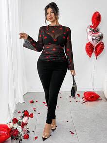 Elenzga Plus Size Women Vintage Elegant Fitted Pleated Ombre Printed Mesh Stretch Long Sleeve Base Layer T-Shirt Blouse Top, Ladies Spring Autumn Clothing