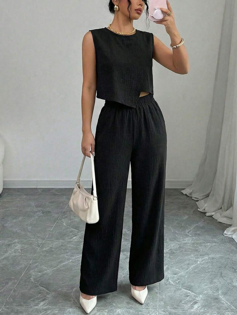 2 piezas Conjunto de top playera asimetrica sin mangas camisa unicolor y pantalon de pierna ancha, pantalon largo de mujer, verano, tela fresca, suave, casual, moda minimalista - negro - Ver 1