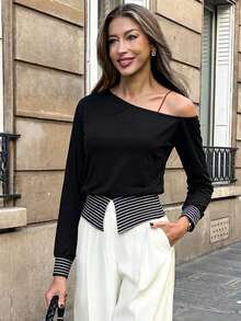 Pariaura 女士斜肩条纹拼接针织T恤，休闲女士上衣 - 黑與白 - 查看 1