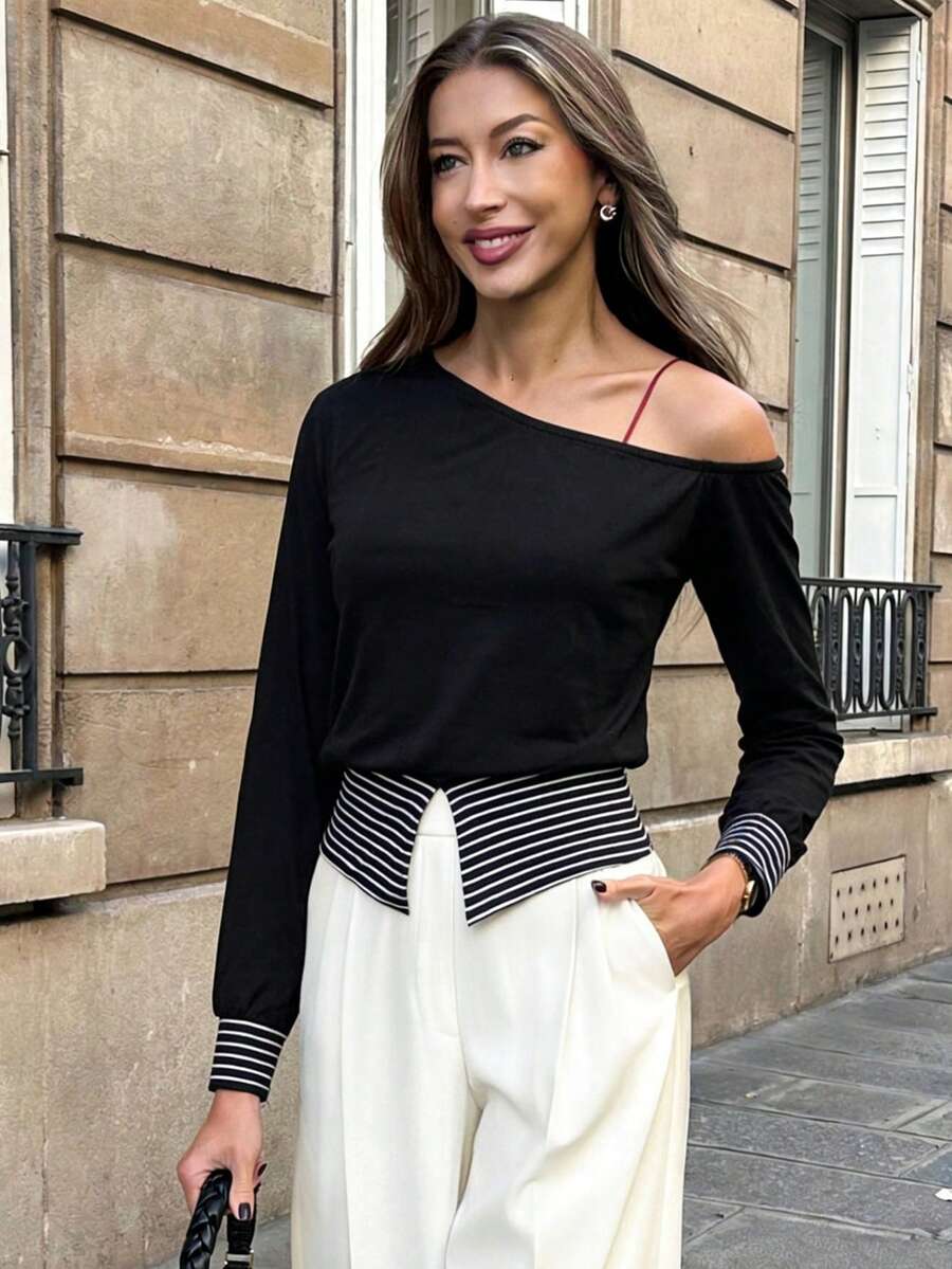 Pariaura 女士斜肩条纹拼接针织T恤，休闲女士上衣 - 黑與白 - 查看 1