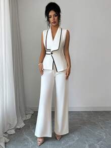 Elenzga 女士梭织面料不对称下摆无袖露脐上衣搭配高腰阔腿裤，优雅商务办公通勤套装，春夏款 - 彩色 - 查看 6