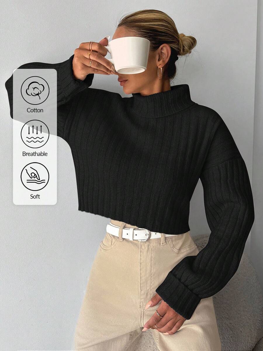 EURMUSE Turtleneck Drop Shoulder Ribbed Knit Sweater - Black - View 1
