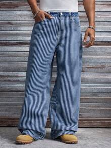 AXEPEAK 男士水洗撞色牛仔裤，百搭时尚休闲裤，男士阔腿牛仔裤，条纹牛仔裤，印花宽松牛仔裤，男士宽松阔腿裤，男士藏蓝色细条纹裤，男士细条纹裤 - 藍色 - 查看 7