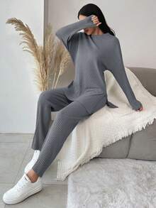 EURMUSE Cotton Women's Round Neck Drop Shoulder Tee And Pants - Dark Grey - View 4