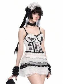 ROMWE Goth 哥特暗黑娃娃印花贴花刺绣蕾丝薄纱连体衣 - 白色 - 查看 6