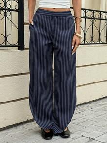 Siren Gaze Women's Chic Navy Blue And White Vertical Striped Minimalist Split Leg Pants,Summer Office Business Casual Elegant Old Money Style Wide Leg Trousers - Navy Blue - View 6