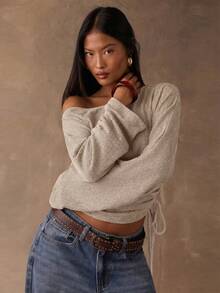 SHEIN BAE 女士休闲纯色褶皱肩长袖T恤，秋季款 - 杏色 - 查看 3