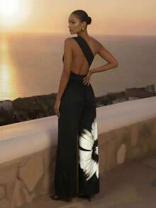 CAJUNI 女士连体裤，黑白夏季梭织垂褶修身款，单肩露背阔腿设计，抽象扎染旭日印花，优雅晚宴派对连体裤，现代简约度假风，单肩连体裤，女士连体裤，扎染连体裤，女士休闲连体裤，黑白女士连体裤，夏季服装，女士春季服装，情人节，新年，女士新年派对服装，沙滩装，女士优雅连体裤，女士休闲服装，女士度假服装 - 黑色 - 查看 2