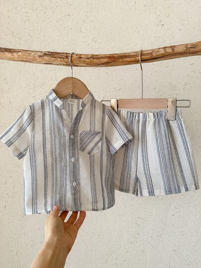 LMoss Kids 2pcs Baby Boy Woven Striped Casual Shirt And Shorts Set