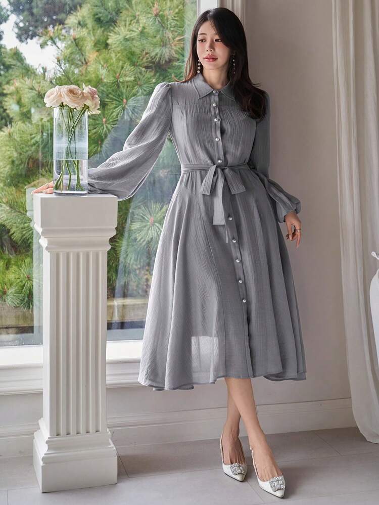 Women's Solid Color Regular Shoulder Long Sleeve Front Button Elegant Mid-Length Dress