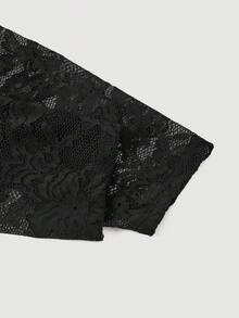 SHEIN MOD 大码女式黑色透视蕾丝边性感长袖衬衫，适合外出穿着。黑色蕾丝衬衫，黑色蕾丝上衣，蕾丝上衣，蕾丝衬衫，哥特式上衣，蕾丝长袖上衣 - 黑色 - 查看 4