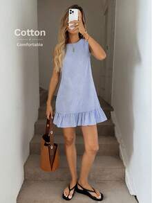 SHEIN LUNE 女式蓝白条纹荷叶边下摆无袖圆领迷你连衣裙 - 藍白色 - 查看 4