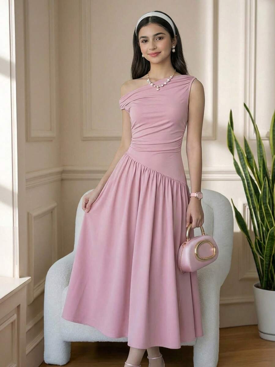 Girlism Teen Girls Elegant Commuter Loose Fit Sleeveless Crew Neck Pleated Mid-Length Pink Dress Dusty Pink Dress Dresses For Church Bridesmaid Dress Tea Party Dress Elegant Dress - Pink - View 1