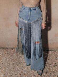 Anewsta New Fashionable Heavy Fringe Diamond Embellished Blue Straight Leg Jeans For Women - Blue - View 4