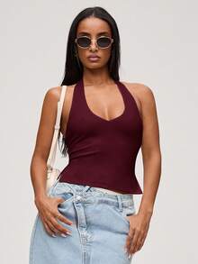 SHEIN BASICS 女士休闲纯色针织露背上衣 - 酒紅色 - 查看 4