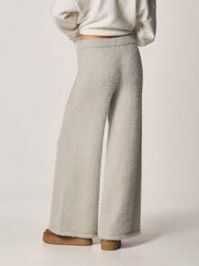 MISSGUIDED 毛绒阔腿高腰针织裤，弹性腰带，适合秋冬季舒适居家穿着 - 灰色 - 查看 2