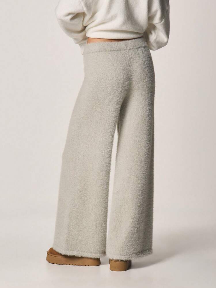 MISSGUIDED Fuzzy Wide Leg High Rise Knit Pants With Elastic Waistband For Fall Winter Comfort Loungewear