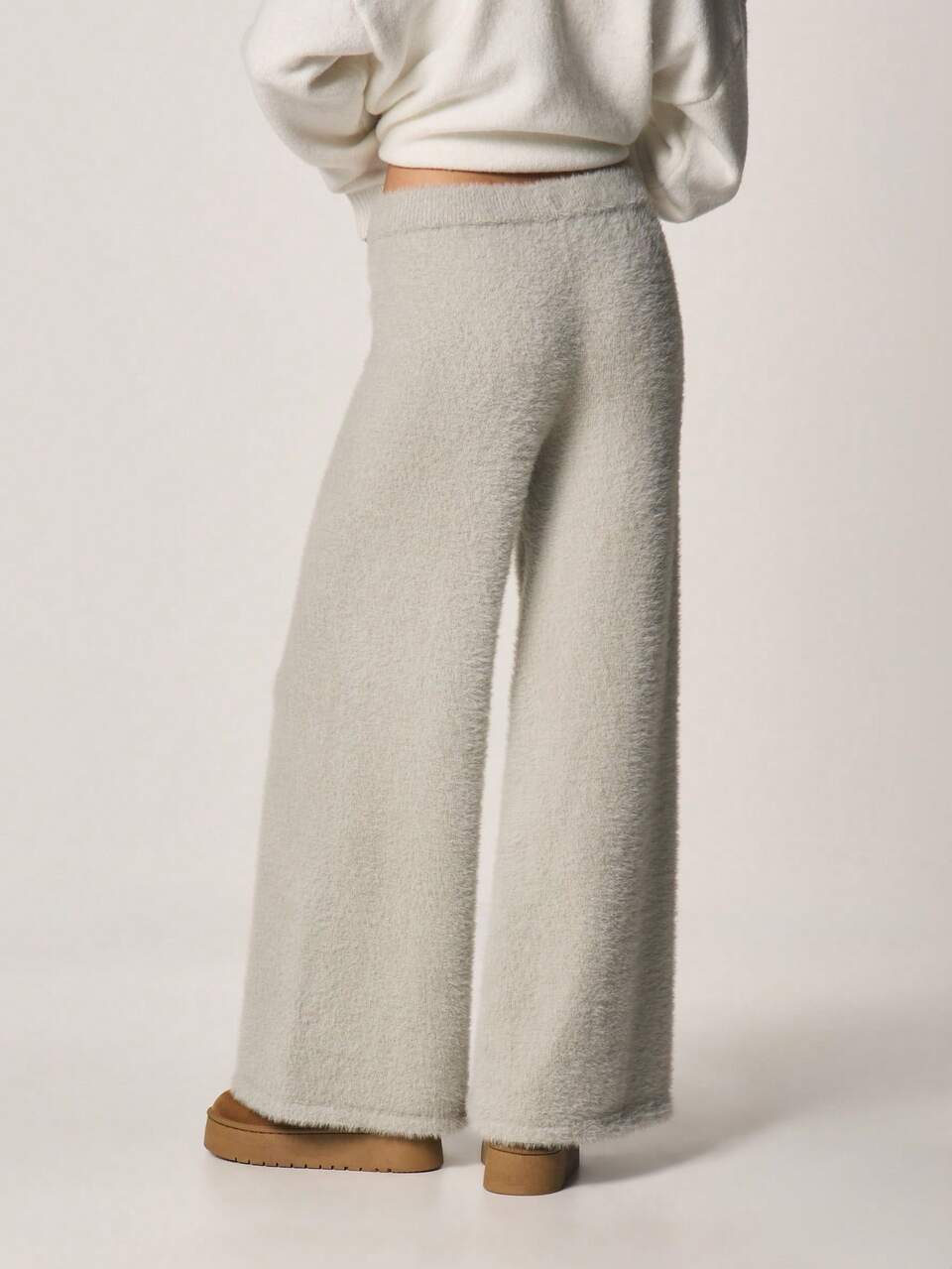 MISSGUIDED Fuzzy Wide Leg High Rise Knit Pants With Elastic Waistband For Fall Winter Comfort Loungewear