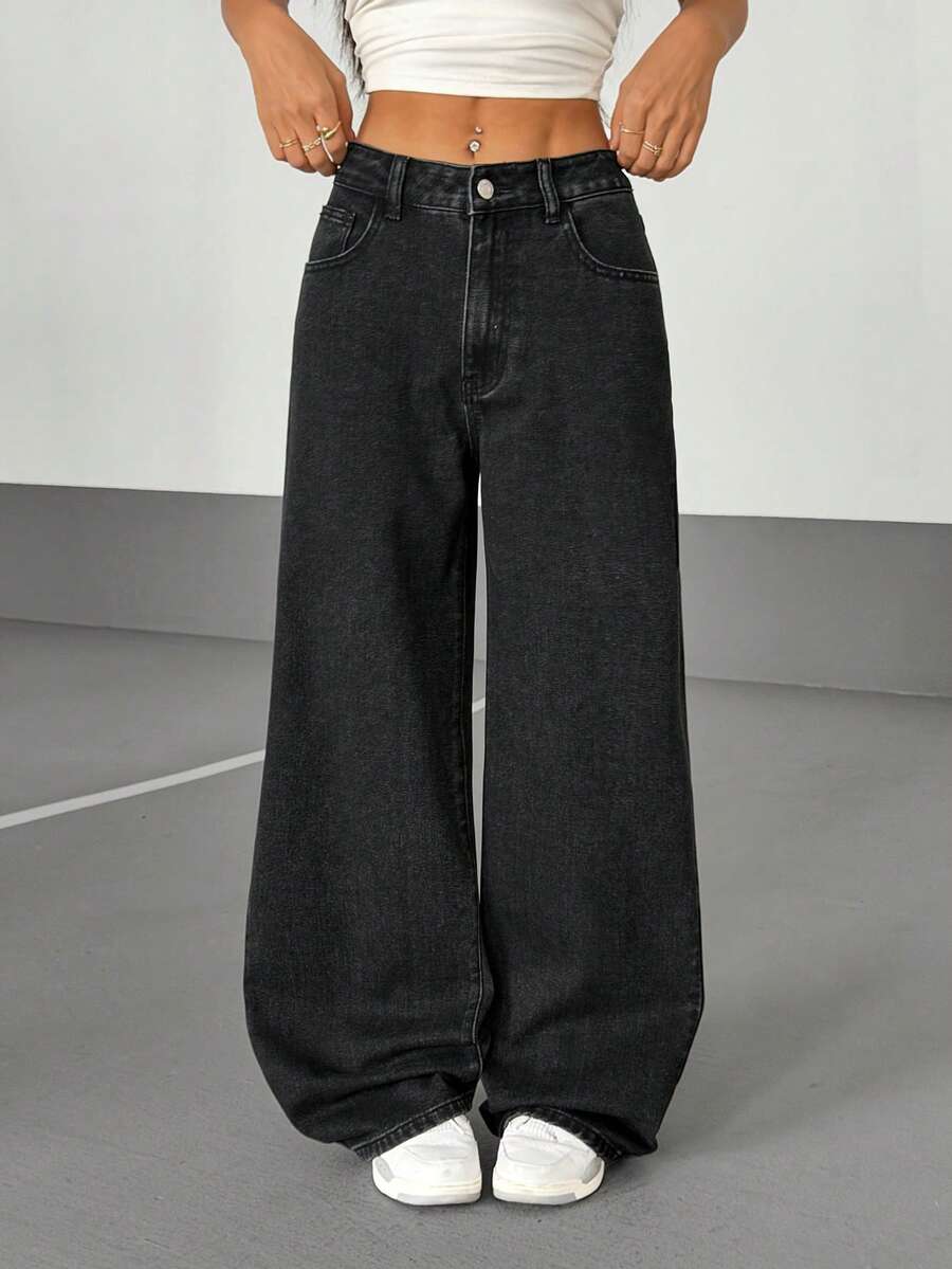 SHEIN PETITE 女士宽松版型带口袋阔腿休闲牛仔裤 - 黑色 - 查看 1