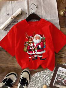 Flirla 大码女式圣诞老人印花圆领短袖休闲T恤，夏季新年服装图案T恤女式上衣 - 紅色 - 查看 1