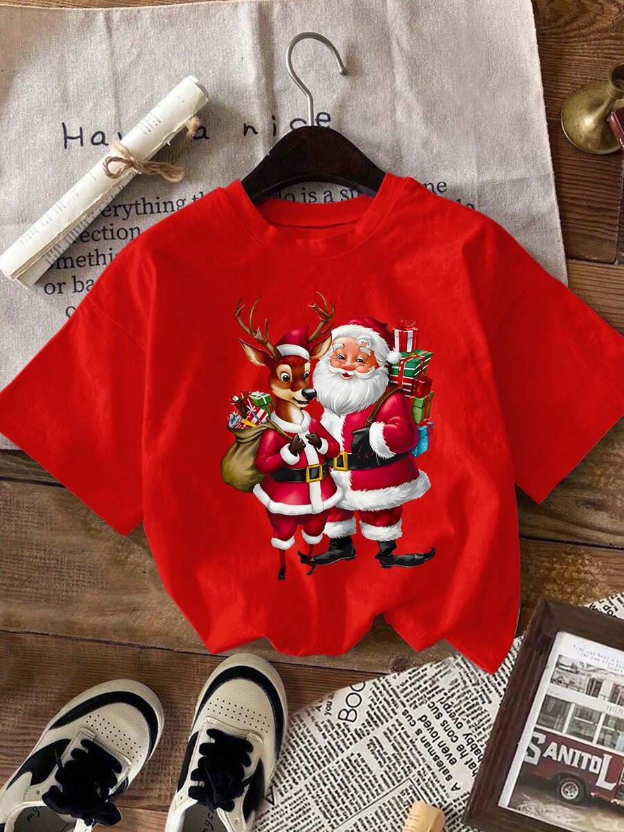 Flirla 大码女式圣诞老人印花圆领短袖休闲T恤，夏季新年服装图案T恤女式上衣 - 紅色 - 查看 1