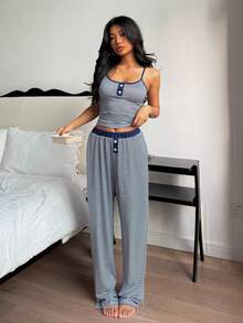 ZzzCrew Summer Decorative Button Striped Print Bodycon Knit Camisole & Pants Set, Sexy Style - Navy Blue - View 2