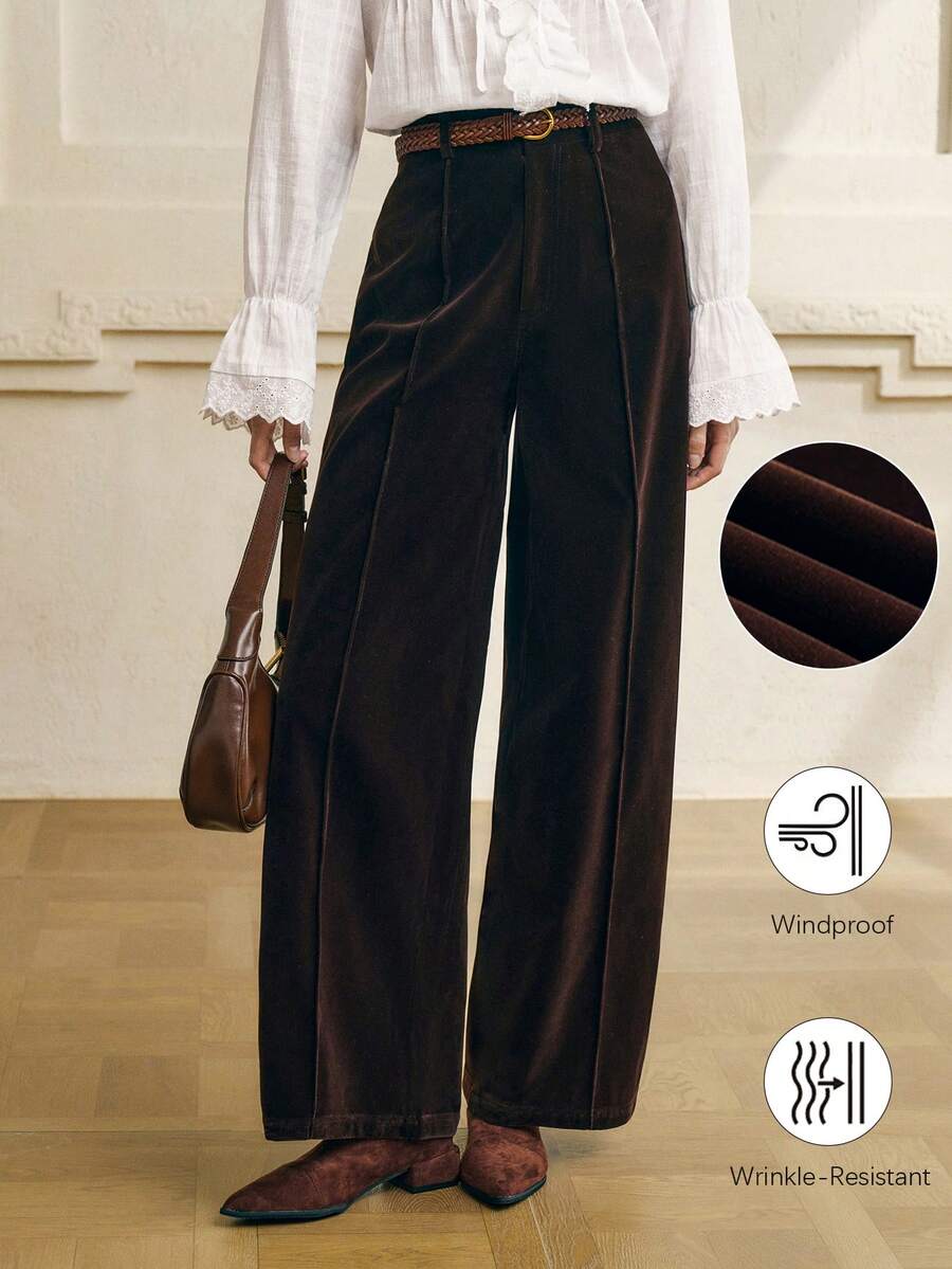 Cévolie 女士秋冬棕色麂皮牙签设计阔腿裤 - 棕色 - 查看 1