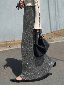 FRIFUL 女士弹力腰直筒亮面纱线毛衣裙 - 灰色 - 查看 3