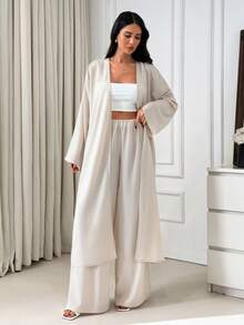 EURMUSE 三件套亚麻套装，飘逸和服式罩衫，阔腿裤，露脐上衣，柔软透气面料，优雅度假风，舒适时尚，轻松打造夏日造型 - 米色 - 查看 4