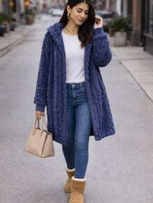 Abrigo Ligero Delgado Calentito De Peluche con Puño, de uso diario, informal otoño invierno, casual con capucha - Azul - Ver 1