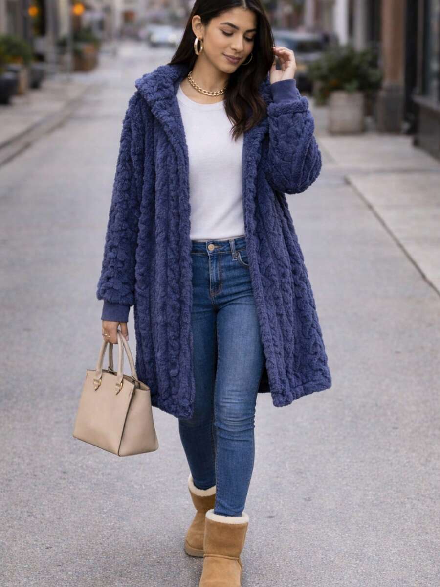 Abrigo Ligero Delgado Calentito De Peluche con Puño, de uso diario, informal otoño invierno, casual con capucha - Azul - Ver 1