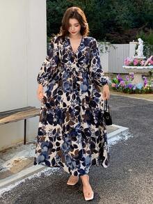 DAZY Women's Floral Print V-Neck Long Sleeve Mid-Length Dress Sundress - Baby Blue - View 5