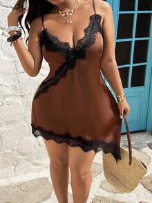 Sunnyshic New Sexy V-Neck Sleeveless Asymmetric Lace Slip Dress, Spring/Summer