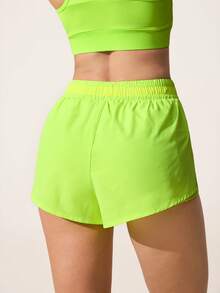 SHEIN Sovereign Charm Quần short thể thao dáng ôm, đa năng, màu vàng neon, phối lưới, có túi. - Màu vàng - Xem 2