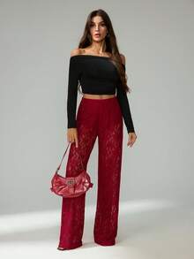 SHEIN Tall Pantalones largos transparentes de encaje de unicolor para mujer - Burdeos - Ver 8