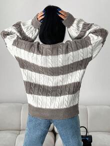EURMUSE Women's Striped Color-block Drop-shoulder Sweater - Brown - View 2