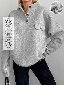 EURMUSE Cotton Half Button Flap Detail Drop Shoulder Sweatshirt - Grey - View 1