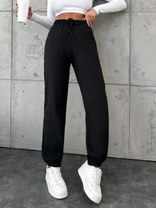 EURMUSE Cotton Women's Drawstring Waist Pocket Jogger Pants - Black - View 3